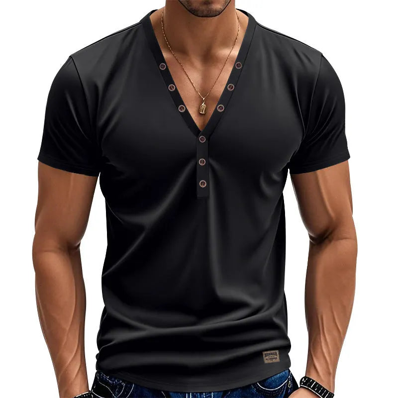 Men's loose fit V-neck button pullover shirt in polyester blend fabric for sports wear