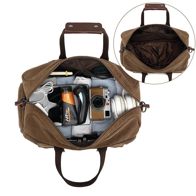 Canvas crossbody travel bag in retro style with 36-55L capacity