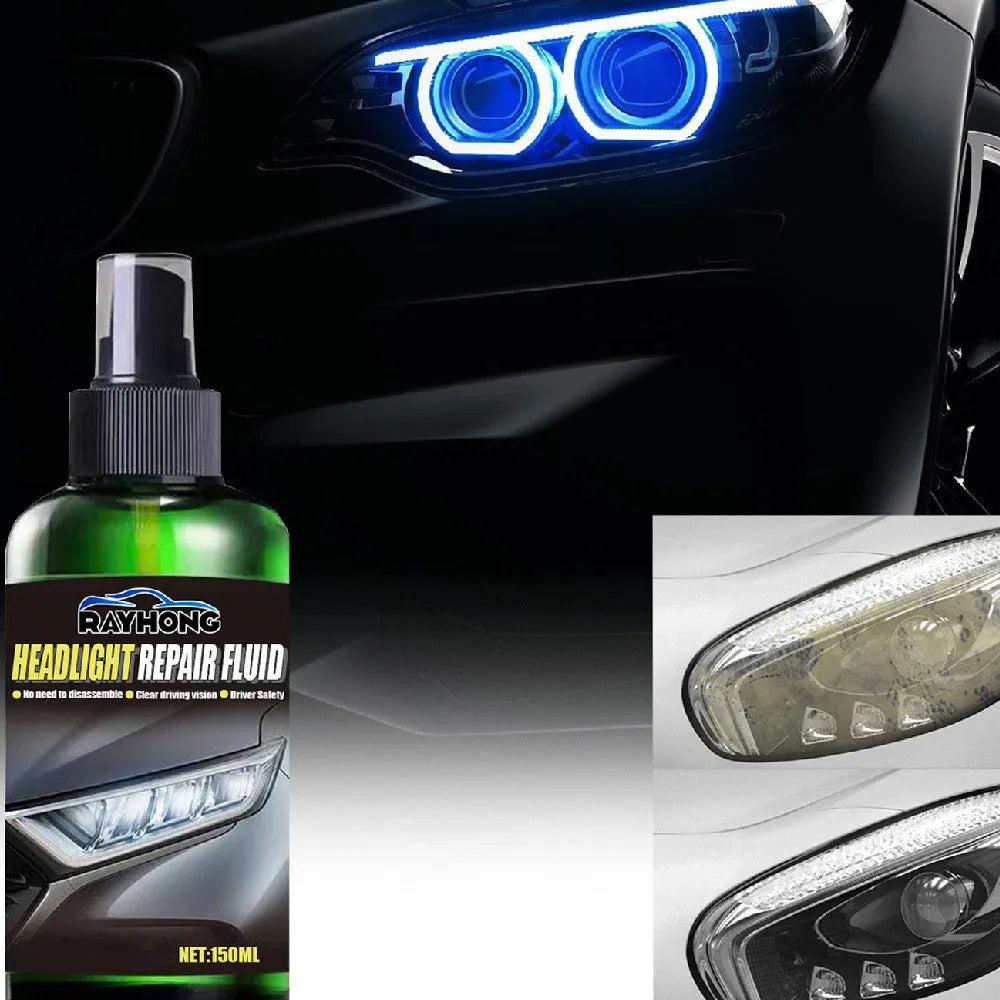 150ml bottle of car headlight repair liquid with applicator brush on a yellowed car lamp.