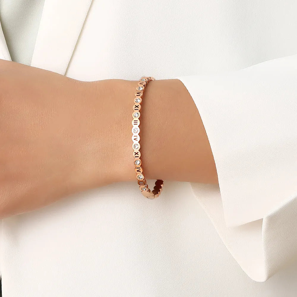 Titanium steel Korean style bracelet with numbers design in gold, rose gold or steel colour finish
