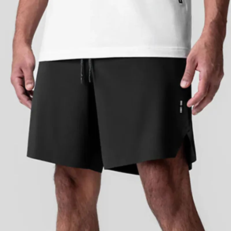 Men's grey seamless sports shorts with quick-drying fabric and straight knee-length cut