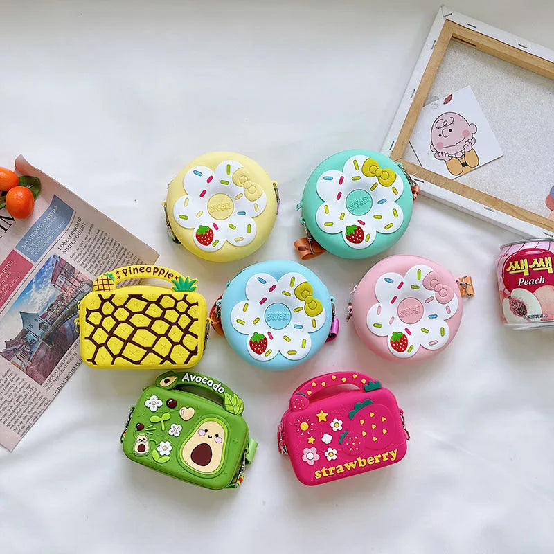 Silicone children's coin purse in round yellow with cartoon donut pattern and crossbody strap