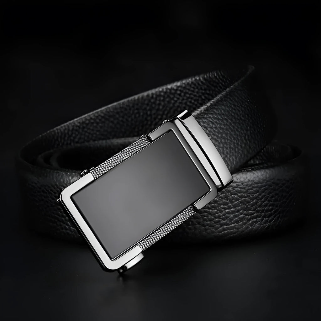 Men's automatic buckle leather belt in gun black, silver, or gold colour showing the alloy clasp and standard 2-4cm width.
