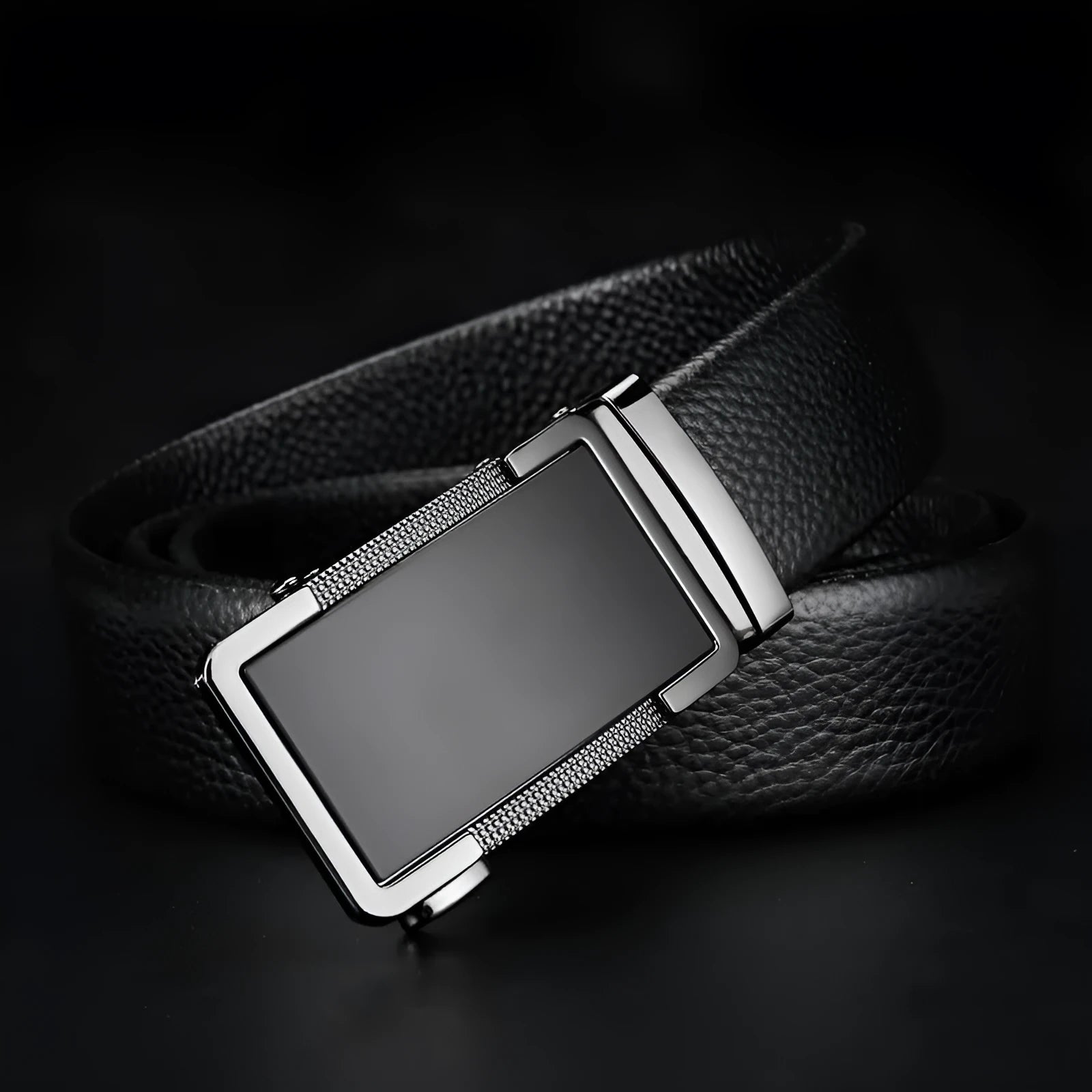 Men's automatic buckle leather belt in gun black, silver, or gold colour showing the alloy clasp and standard 2-4cm width.