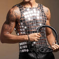 Silver acrylic mirror men's performance costume vest with punk styling and loose fit