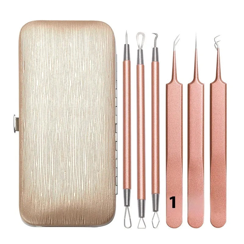Rose gold stainless steel acne remover tool set with 6 dual-purpose beauty needles