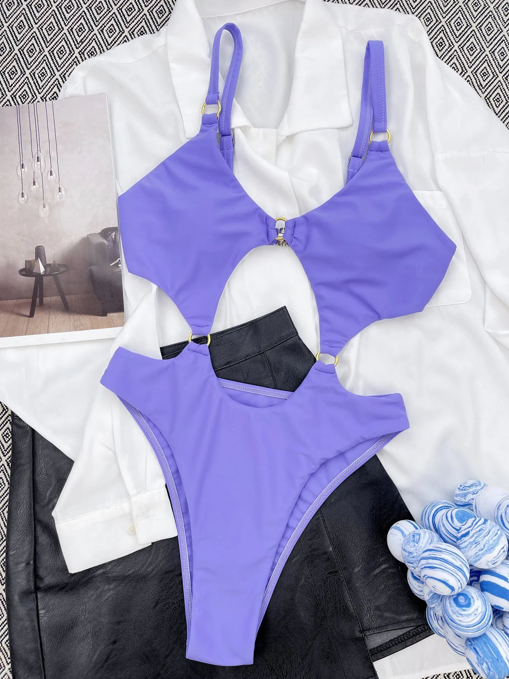 Solid purple one piece swimsuit for women in 80% nylon fabric, front view