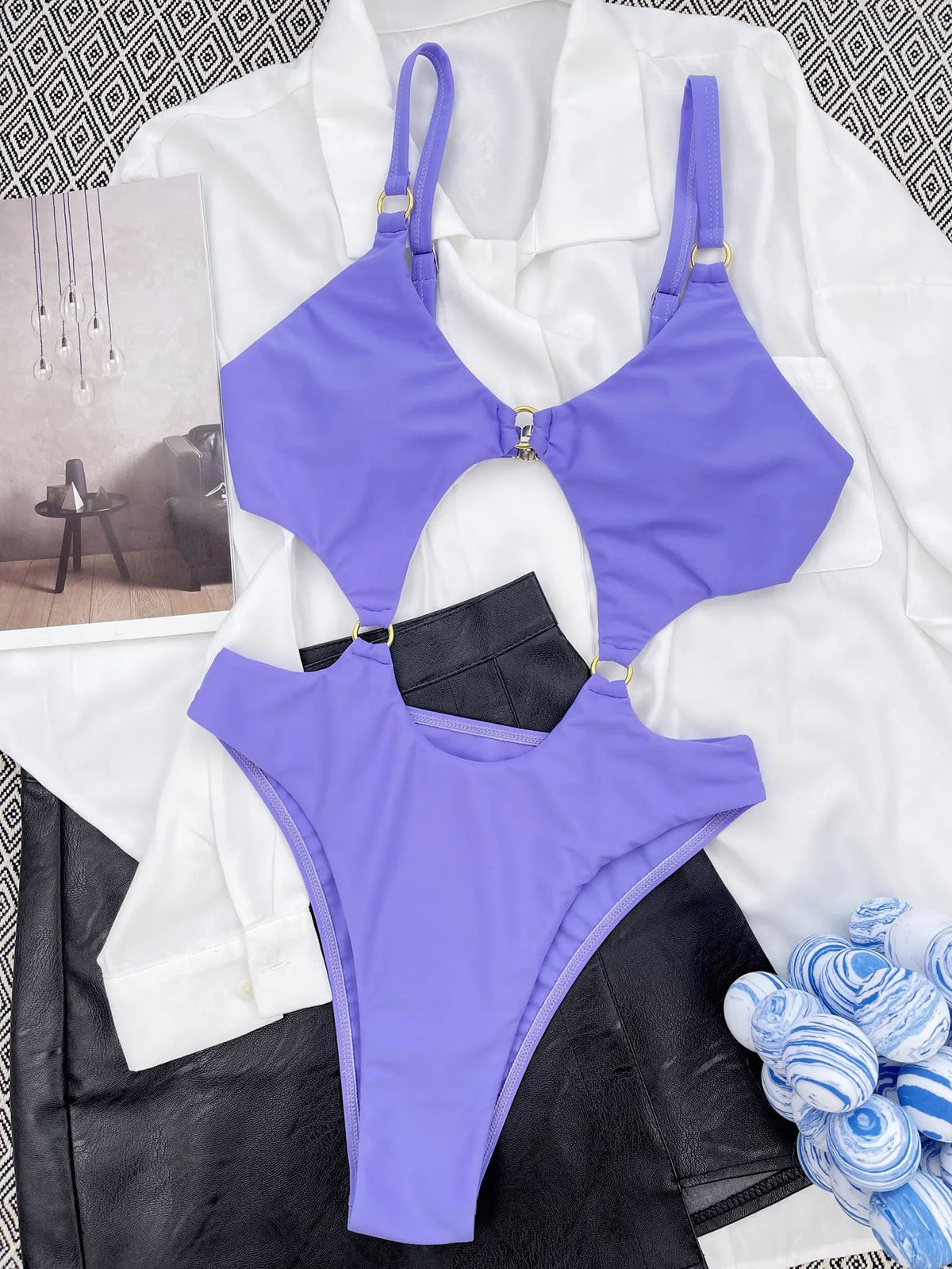 Solid purple one piece swimsuit for women in 80% nylon fabric, front view