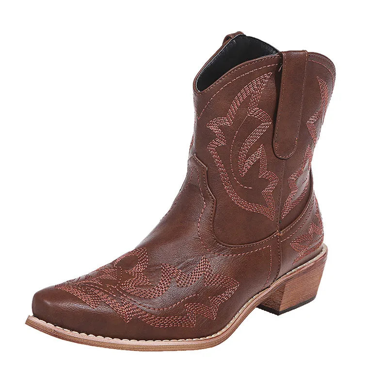 Women's embroidered cowboy boots with wedge heel in blue colour showing pointed toe and decorative stitching