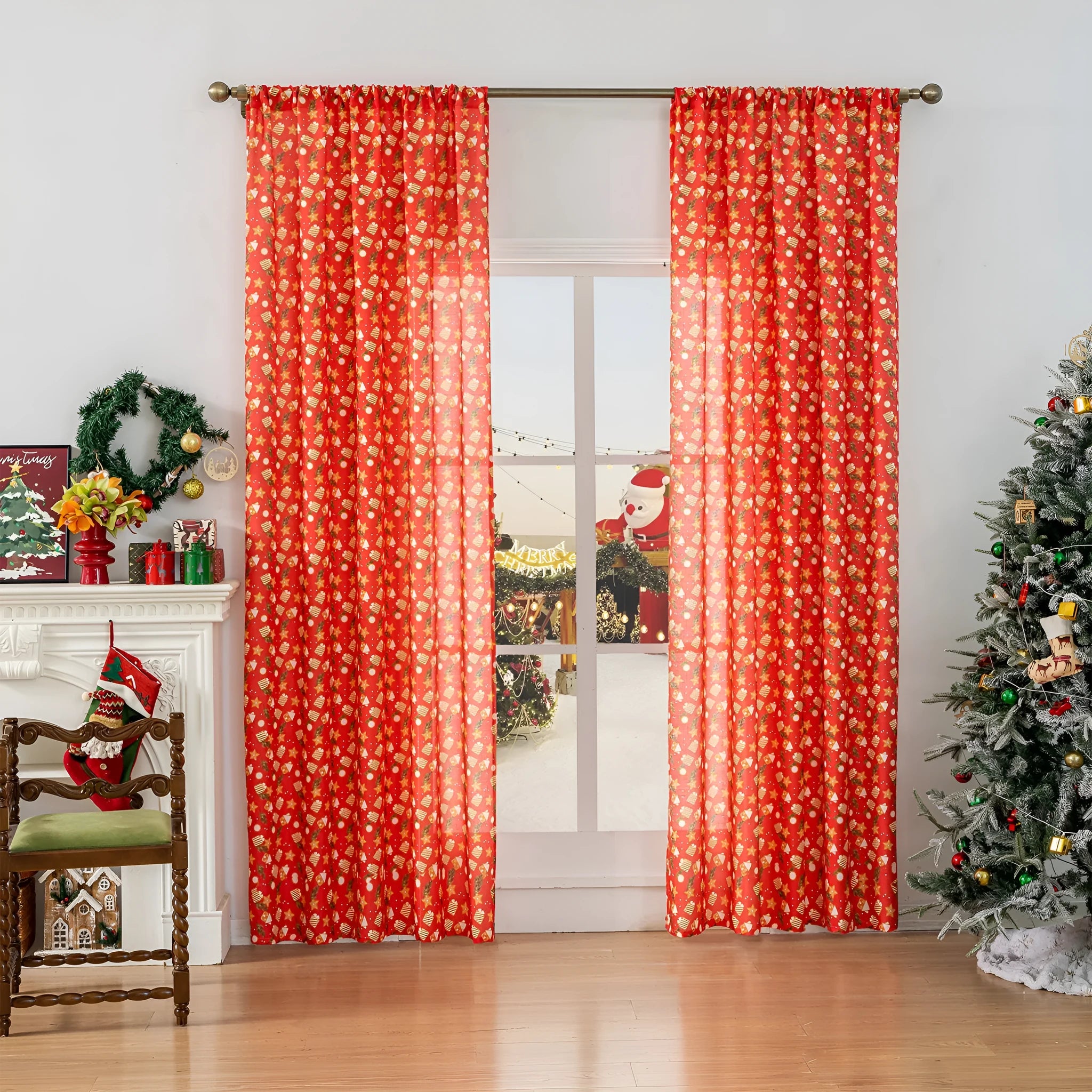 Green Christmas curtain with printed cartoon snowmen and angels, American style.