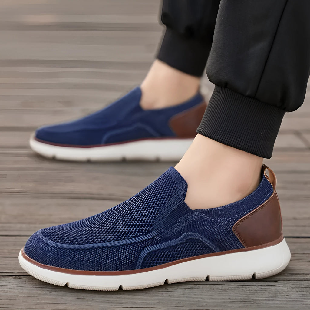Breathable fly woven mesh men's casual shoes in khaki with hollow-out design and flat heel