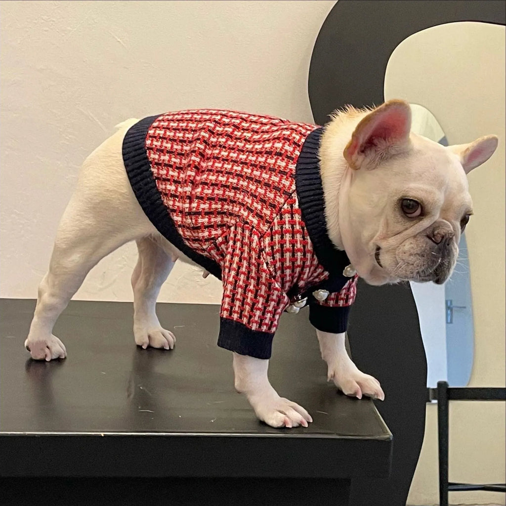 Red wool dog sweater with cute print for winter, available in sizes S to XXL