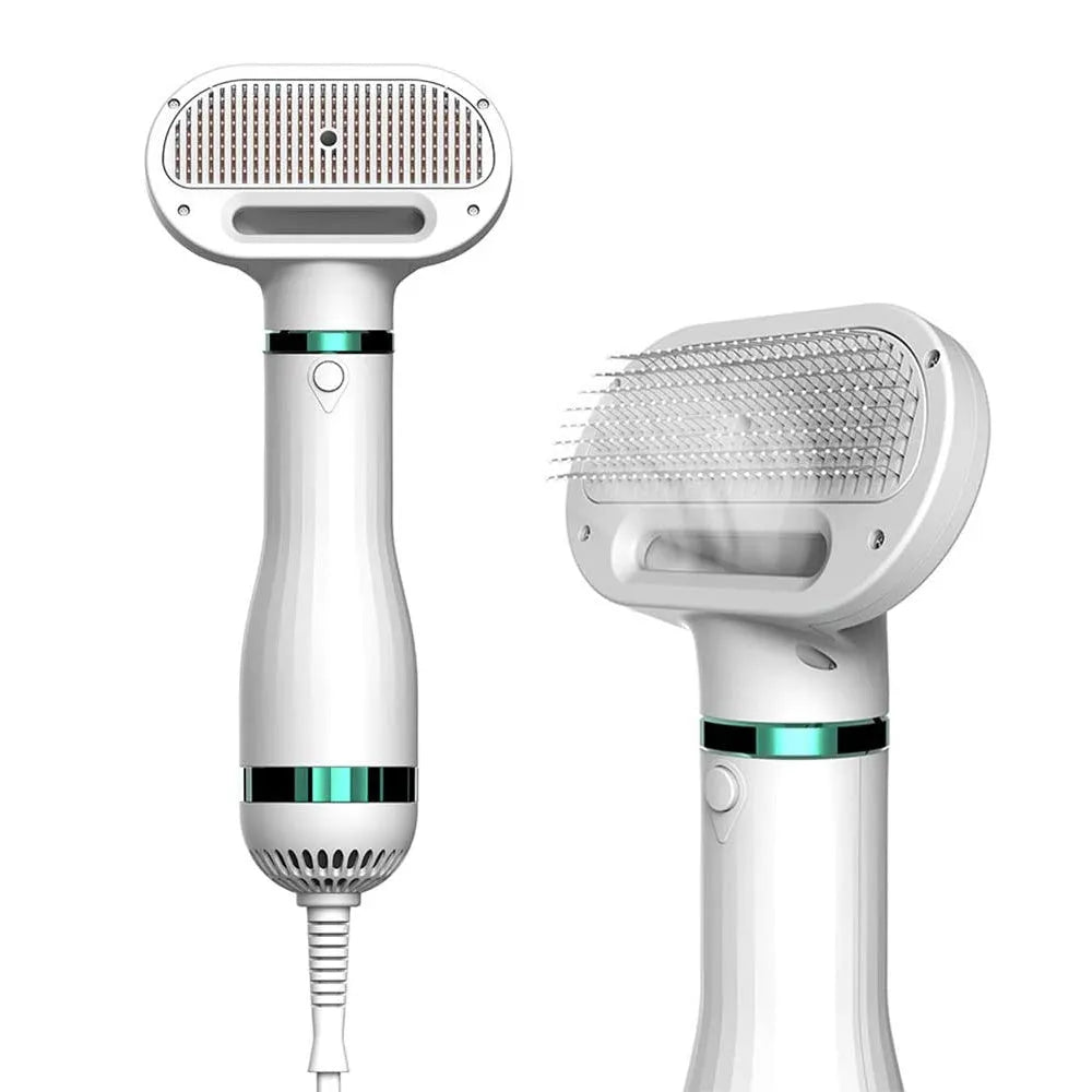 White 2-in-1 pet comb hair dryer with ergonomic handle and stainless steel needle comb