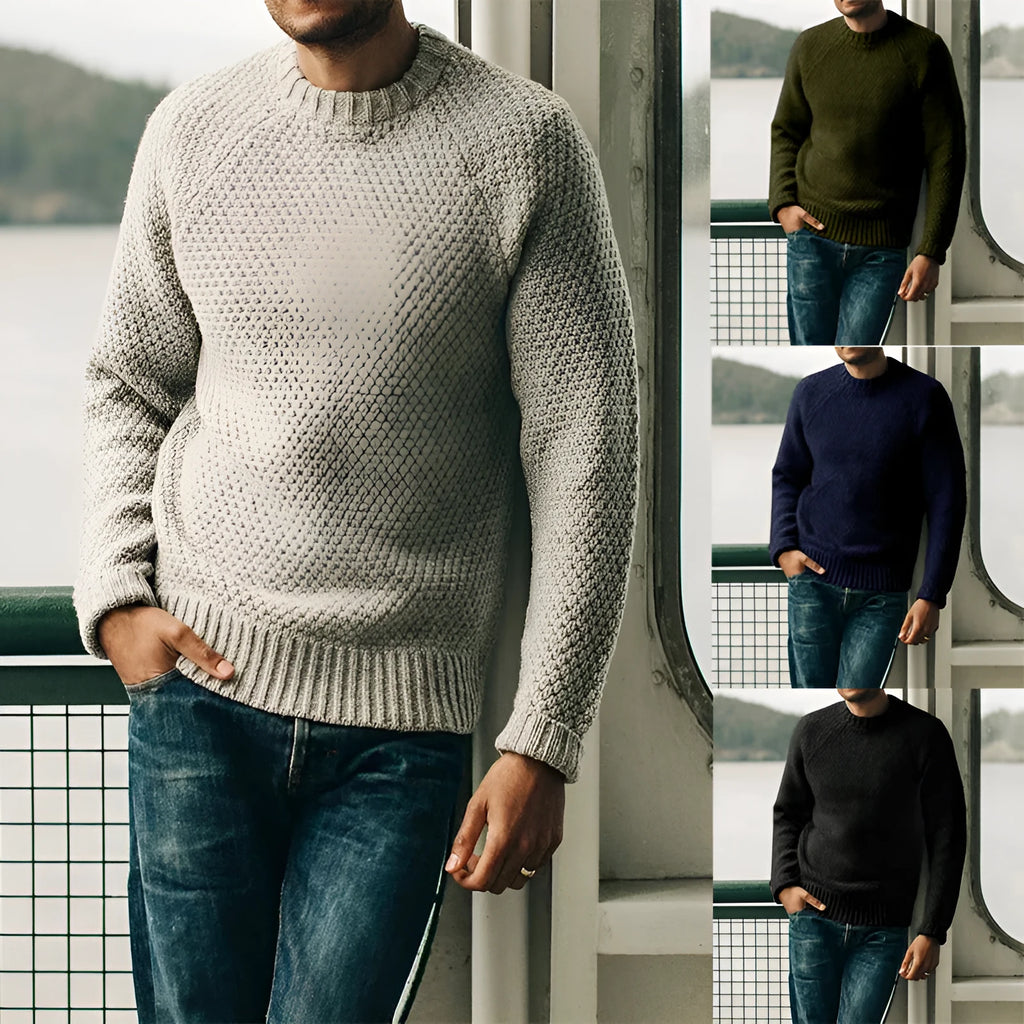 Men's loose fit thick wool round neck pullover sweater in solid colour casual winter top
