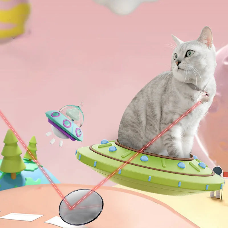 Automatic cat laser toy attached to green collar with USB charging port visible