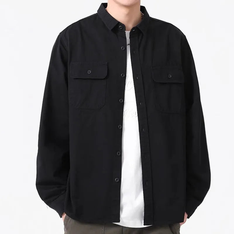 Men's loose fit long sleeve cardigan shirt in polyester available in light gray, black, khaki, and green.