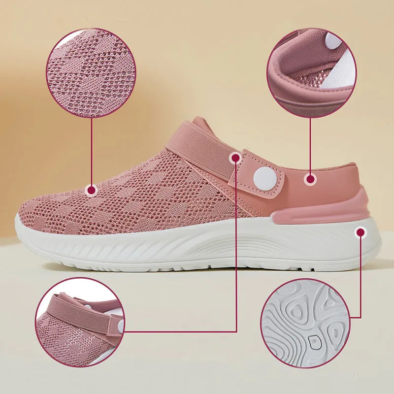 Women's mesh sandals with round toe and open back, available in multiple colours for summer casual wear