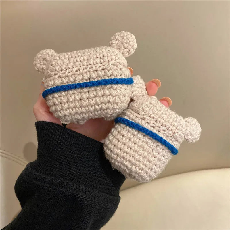 Hand-knitted koala bear backpack design protective cover for Apple AirPods charging case.