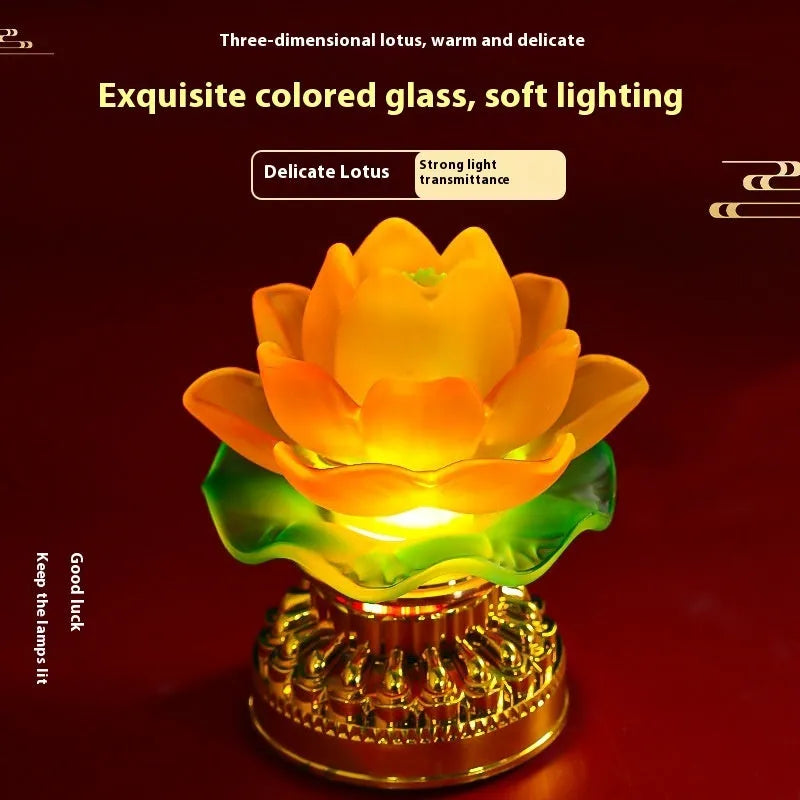 Yellow Chinese-style lotus table lamp made of ABS plastic, shown in bud and flowering styles.