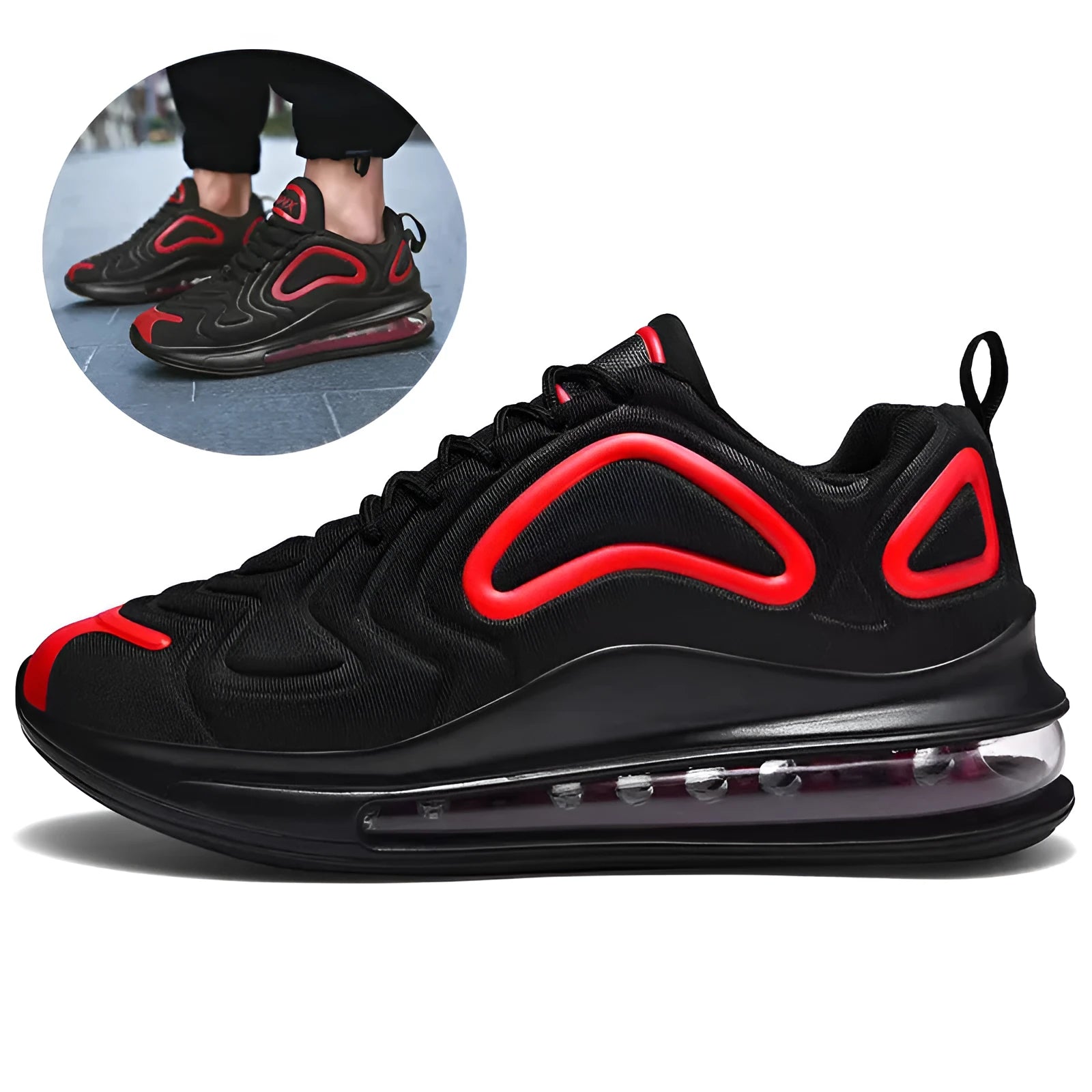 Men's black casual running shoes with a thick sole and lace-up front.