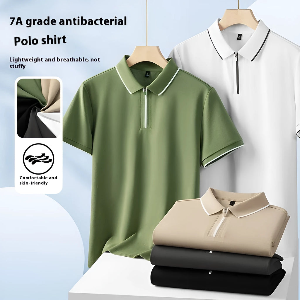 Men's solid colour polo shirt with a front zipper and short sleeves in beige apricot.