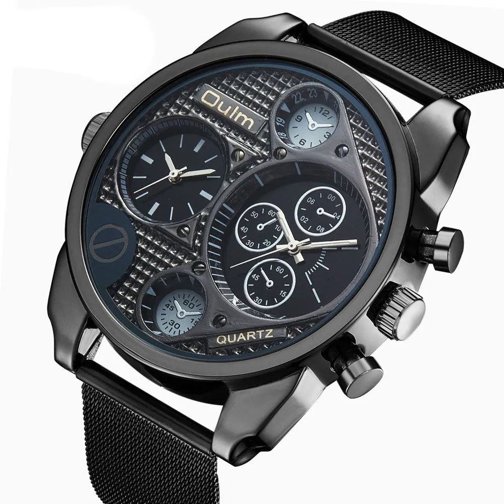 Men's watch with steel mesh belt, round alloy case, black dial, and pin buckle, 10mm thickness