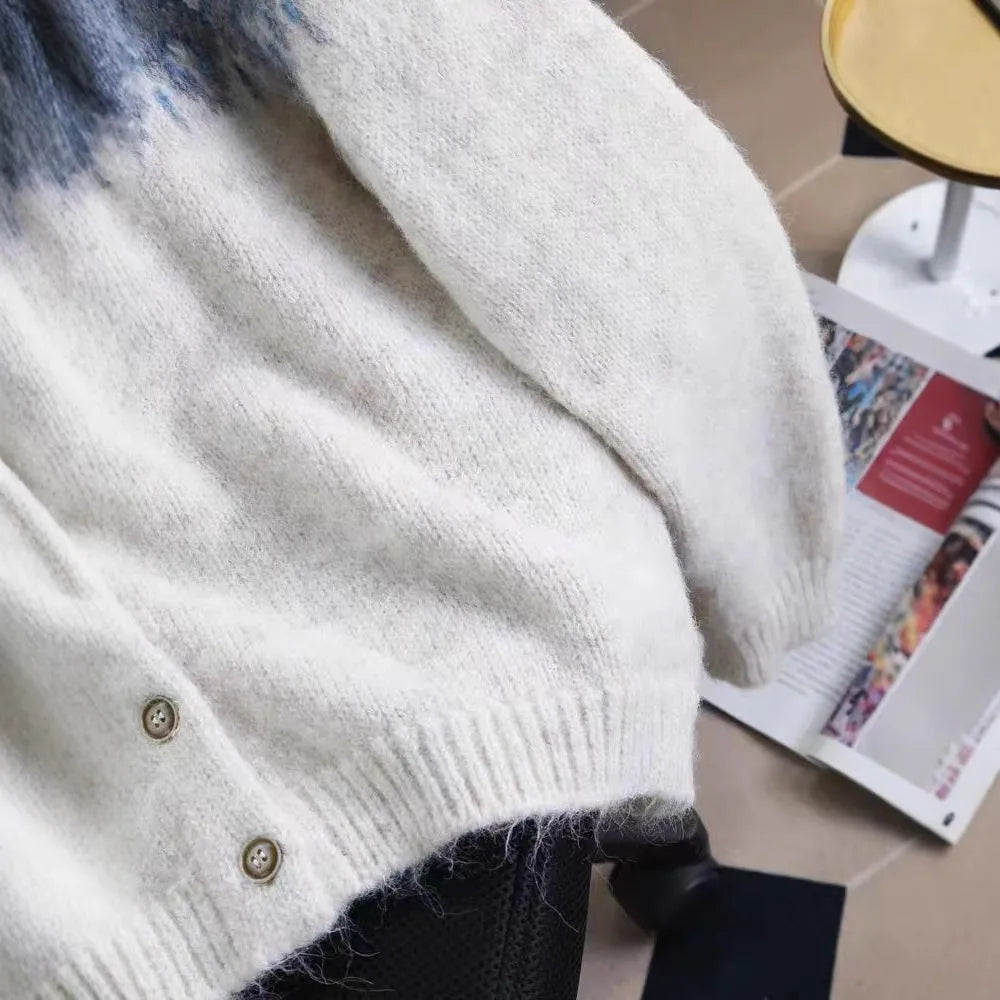 Women's loose-fit jacquard sweater coat in beige, brown, or navy blue with long sleeves.