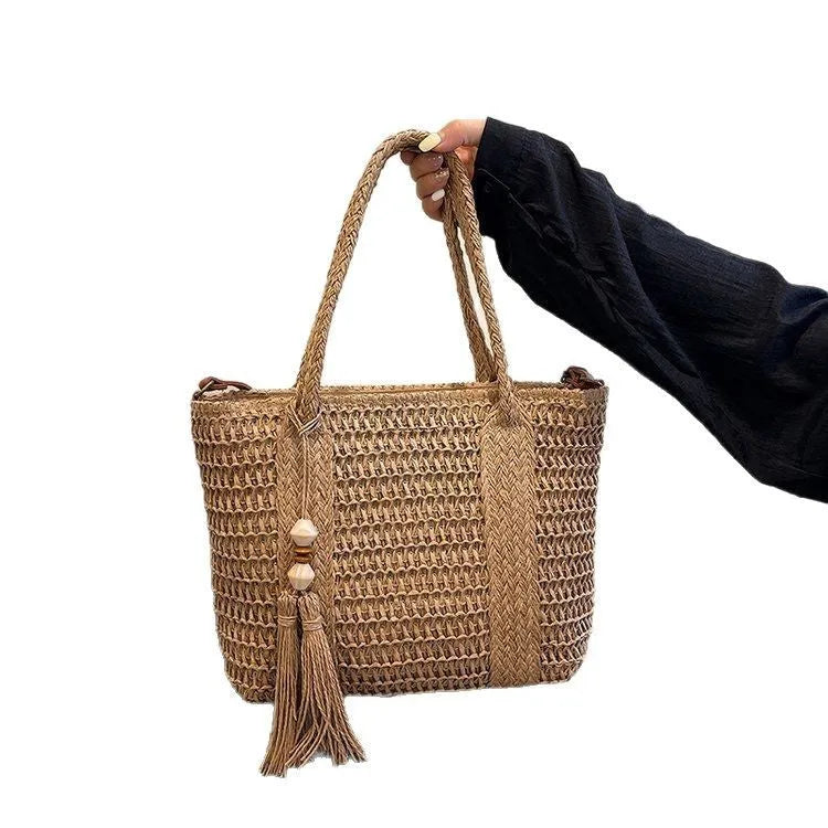 Women's woven straw crossbody shoulder bag in milky white with large capacity design