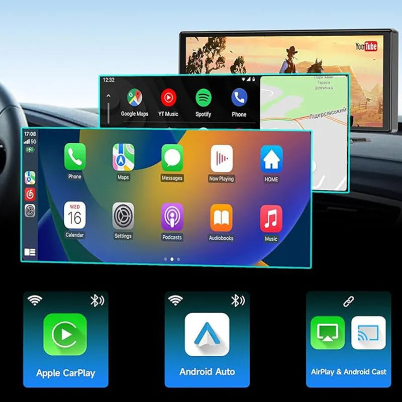 Black 10.26-inch car navigation device with suction mount showing split screen display of map and camera footage