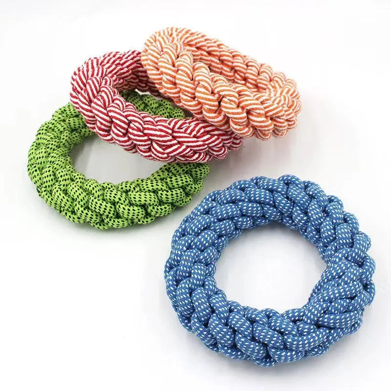Cotton braided ring dog toy measuring approximately 18cm with knot construction