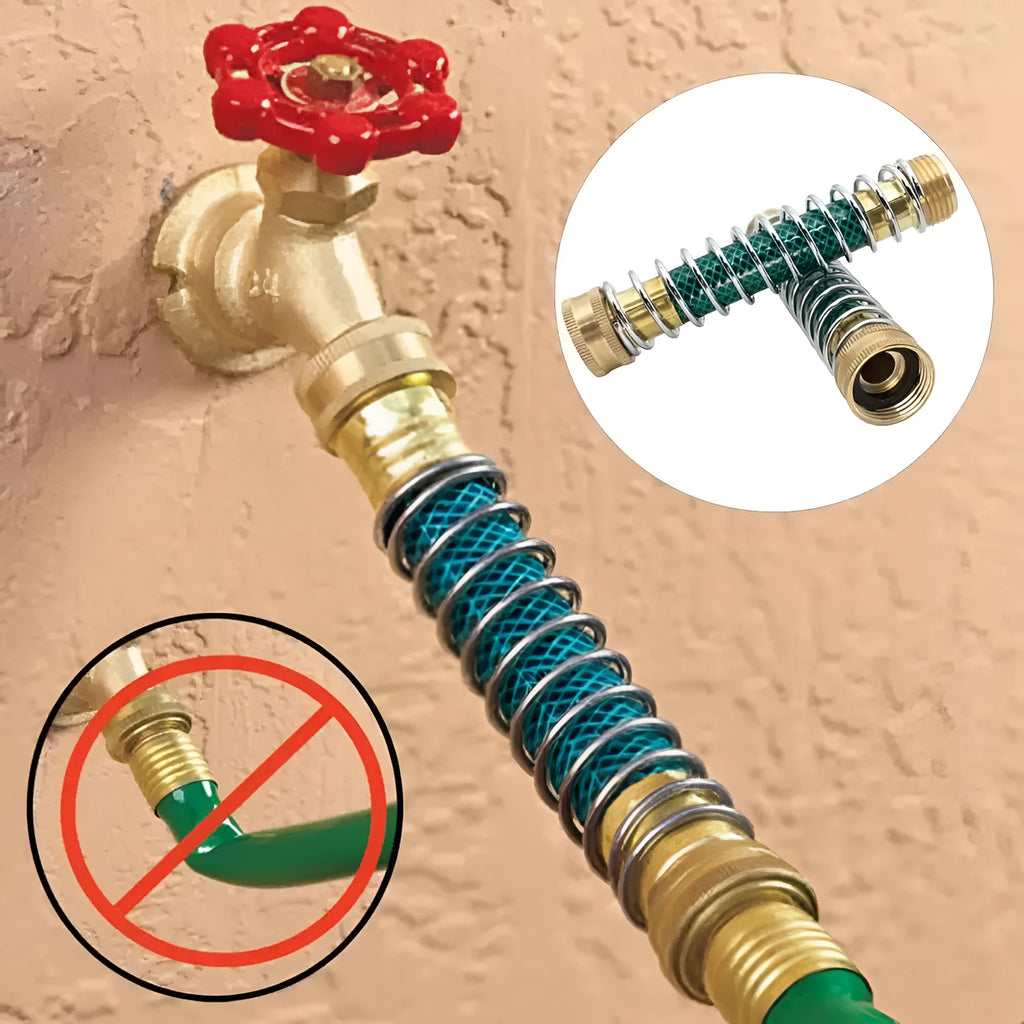 Close-up of a brass spring hose connector showing the spiral spring and 3/4 inch threaded fittings