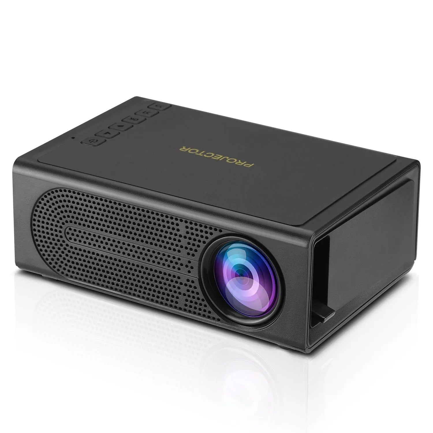 Black portable mini projector with wired connection cable for mobile phone screen mirroring
