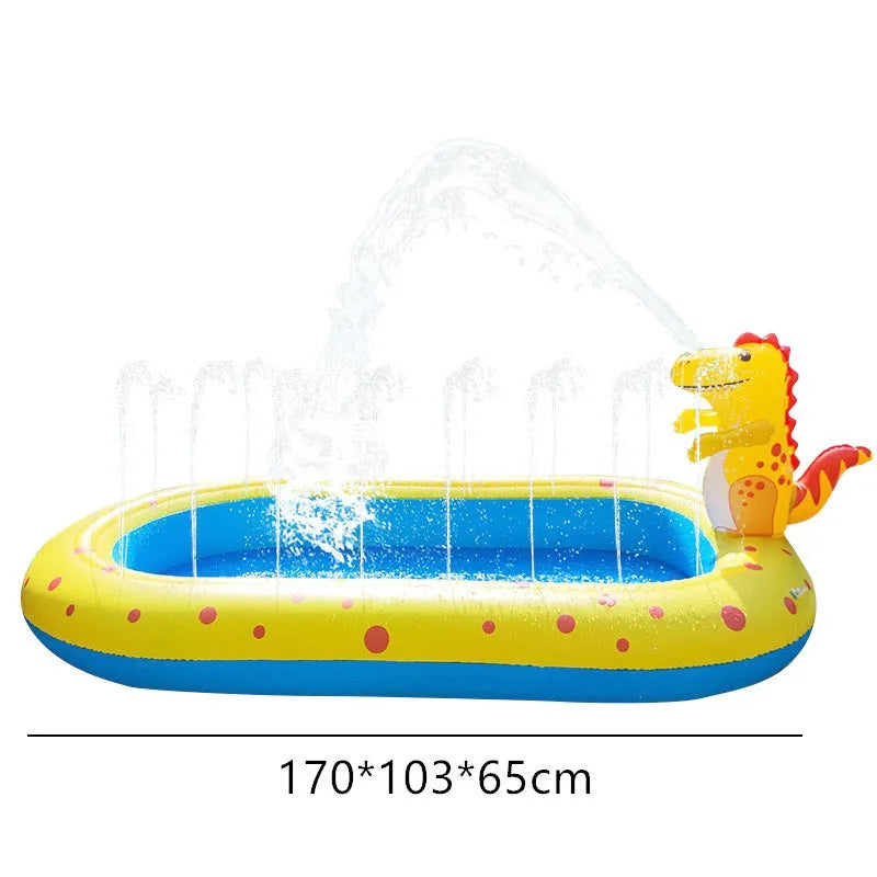 Blue dinosaur inflatable water spray pool with pet play mat and shark toy in garden setting