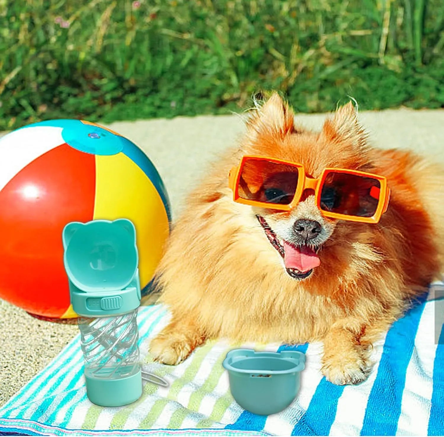 Green 3-in-1 portable pet water bottle with food container and bag dispenser, held by its strap.