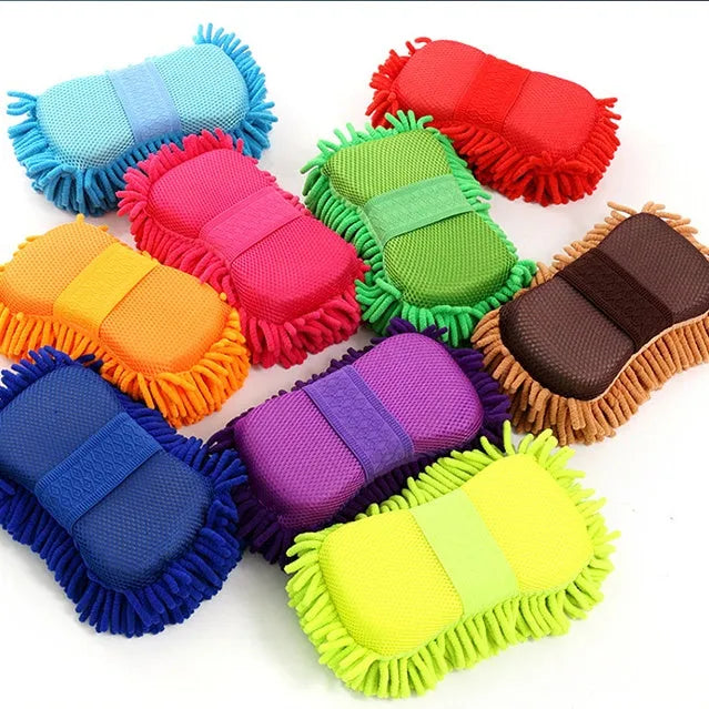 Silver green microfiber car wash sponge measuring 14x25cm on a car surface.