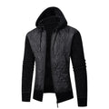 Men's grey hooded sweater coat cardigan with corduroy texture, cinched waist.