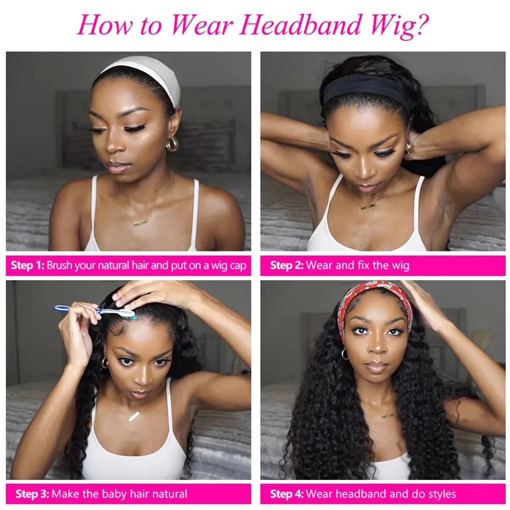 Headband wig made of human hair, kinky straight style, 1B natural colour, available in 8-26 inches.