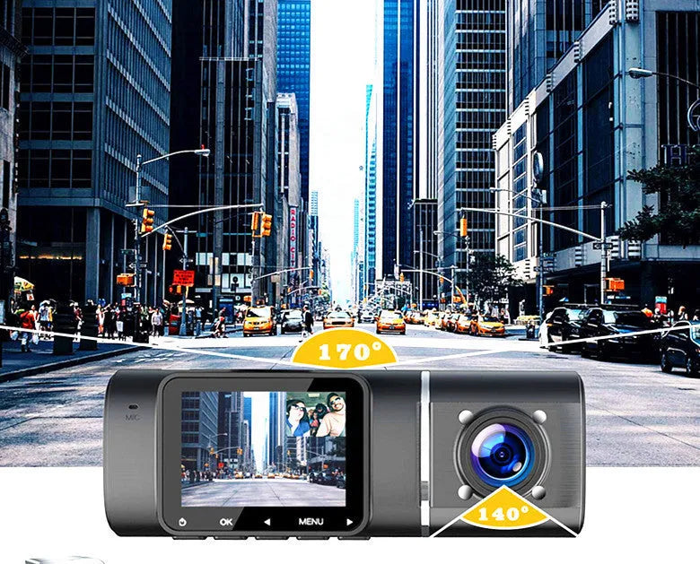 Standard black car dashcam with 1.5-inch screen for front and rear recording.
