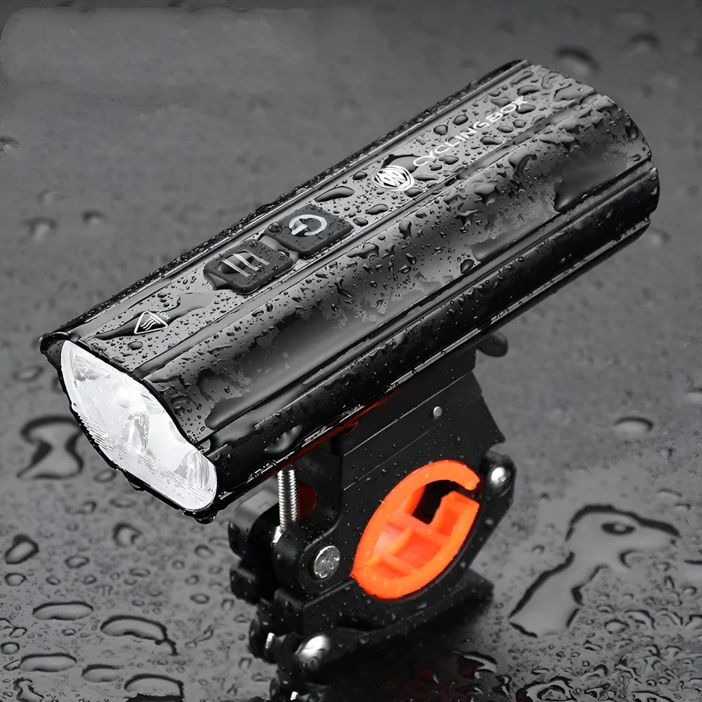 Black rechargeable bicycle light 1800 lumens with aluminium alloy body and POM bracket on handlebar