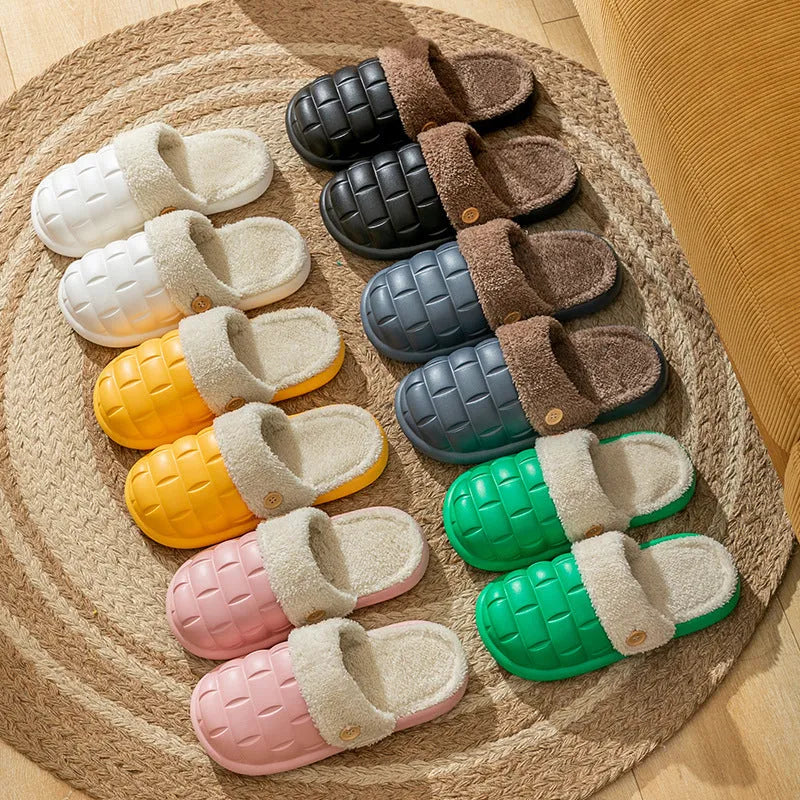 Plaid detachable EVA house slippers for women with plush lining, shown in pink.