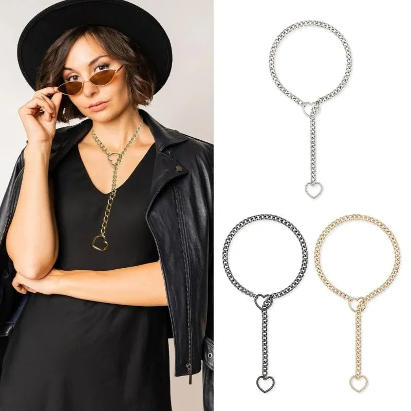 Stainless steel lariat heart necklace with long regular chain in steel, gun black, or gold