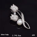 Floral tulip brooch with micro-inlaid zircon detail in 181 silver electroplated finish
