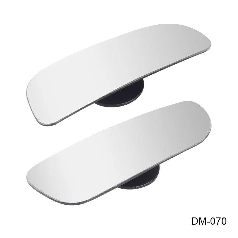 Glass adjustable blind spot mirror with angle bracket shown next to a vehicle rearview mirror.