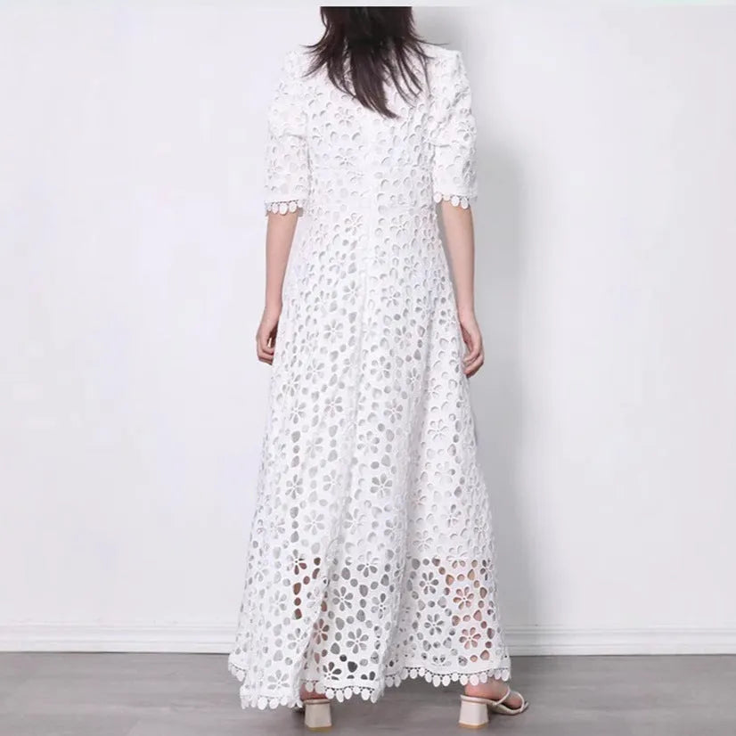 White lace long dress with V-neck design and hollow-out details for women