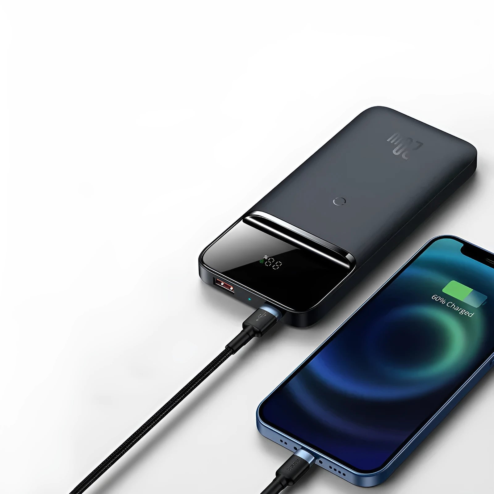 White or blue MagSafe magnetic wireless power bank with LCD display showing battery percentage