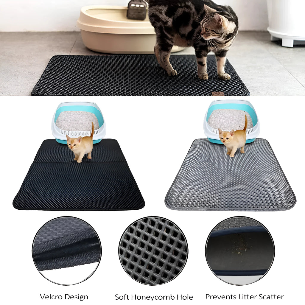 Waterproof EVA cat litter mat with double-layer honeycomb surface, available in black or grey and four sizes.