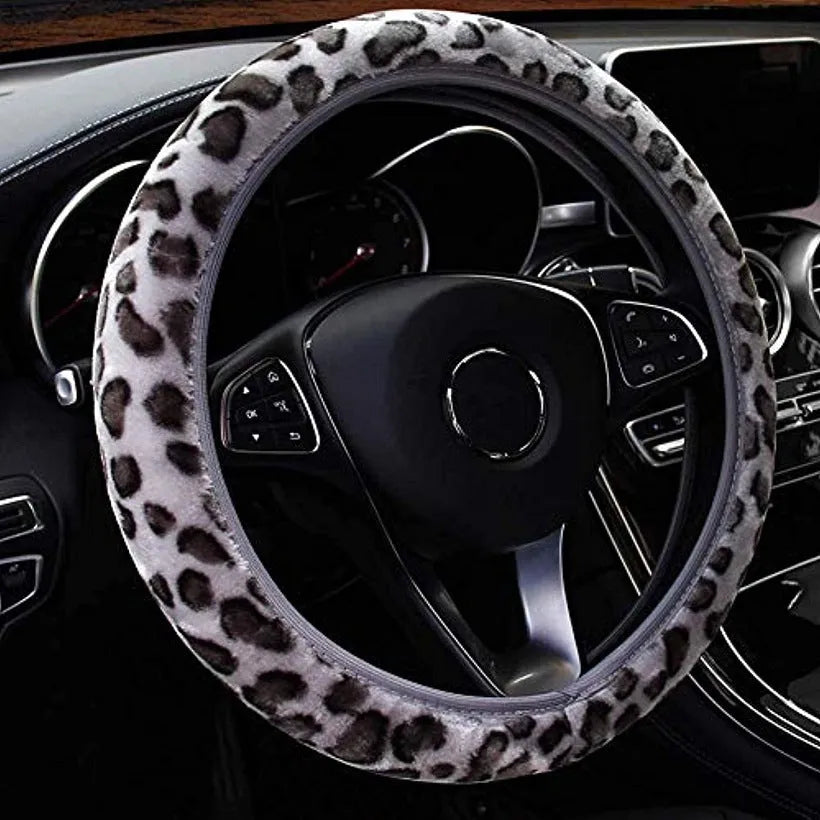 Short plush steering wheel cover in warm material with non-slip backing, 38cm size, colour option shown