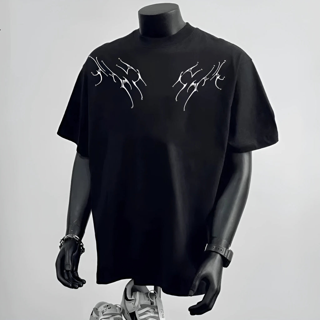 Men's black and white loose fit cotton t-shirt with letter print for business casual wear