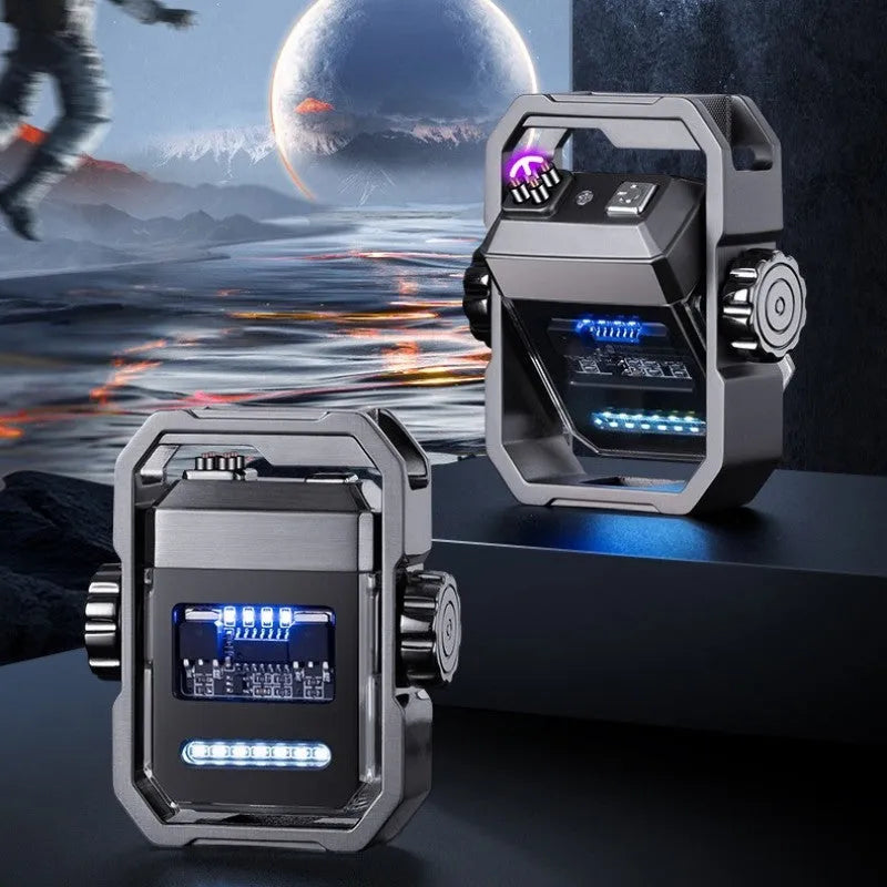 Pulse Lighter showing windproof double arc, USB-C port, and mechanical gyroscope in folded and open positions.