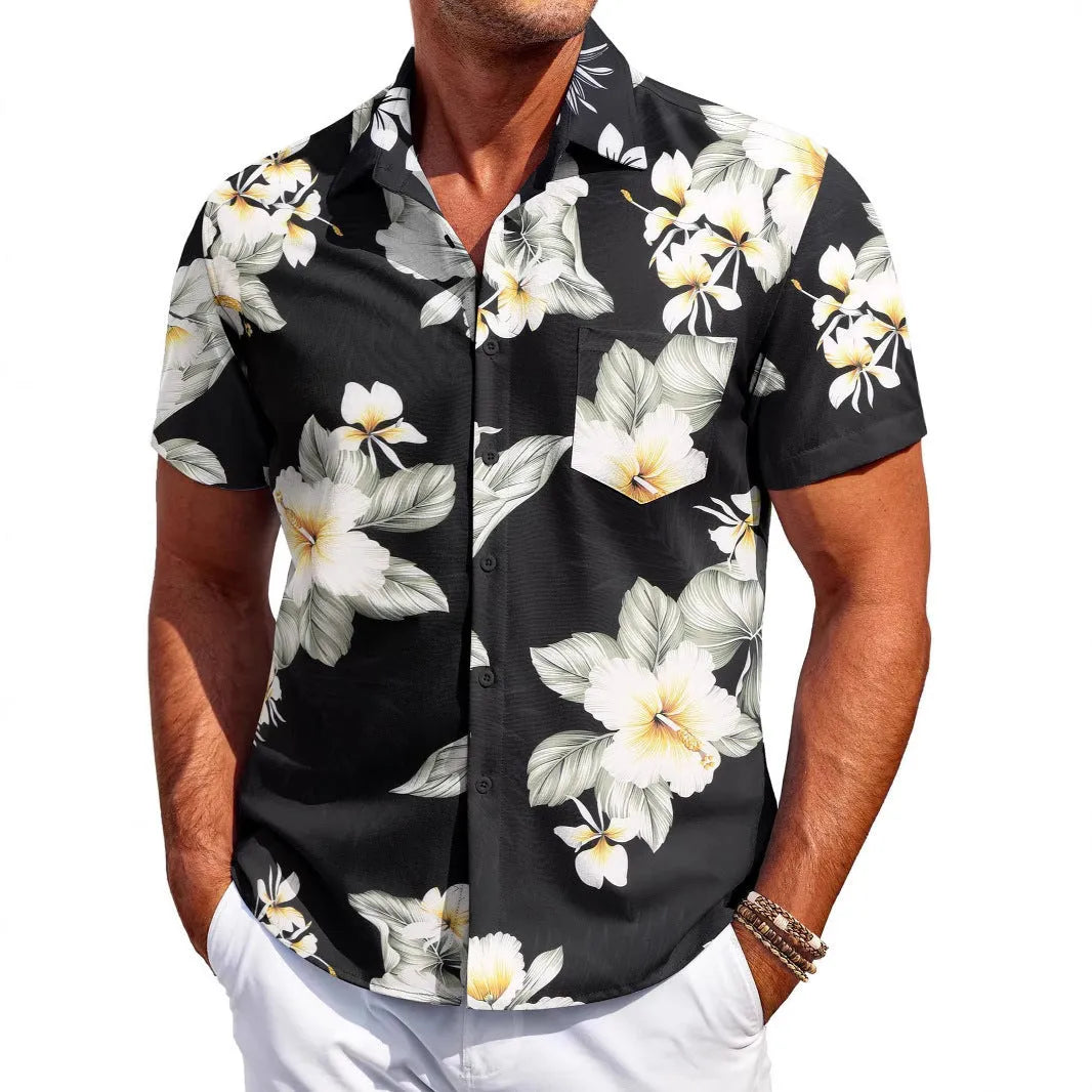 Man wearing a slim fit, short sleeve Hawaiian shirt in a colour choice from the available range.